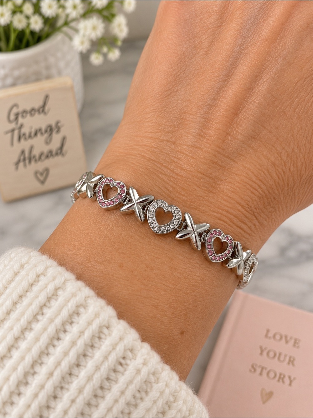 Silver Tone Pink Rhinestone XOXO Heart Tennis Bracelet